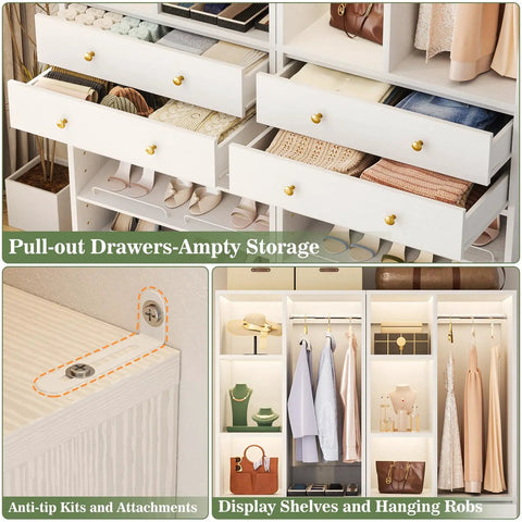 Big League White Closet Organizer System With Eight Deep Drawers And Triple Layer Shoe Rack Knocks It Out As A Hella Spacious Free Standing Tower Rack For Walk In Rooms And Large Bedrooms, featuring open drawers and shelves.