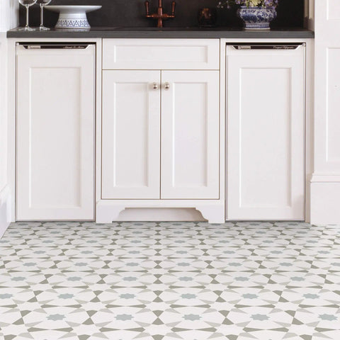 Kitchen floor with Stellar Peel And Stick Floor Tiles Pack Of 10 White And Grey Geometric Vinyl Tiles Water Resistant And Washable 12 By 12 Inches Easy DIY Install With No Grout Or Tools Durable Vinyl For Quick Home Upgrades.
