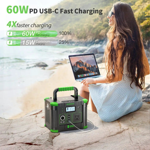 Woman using laptop powered by Go To Portable Power Station With 330W Continuous Output, 288.6Wh Battery at the beach