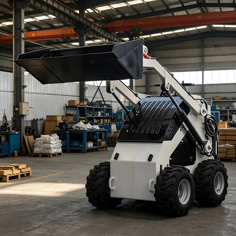 All Terrain Rubber Tracked Skid Steer Loader with Heavy Duty Build in warehouse, bucket lifted, ready for farm work