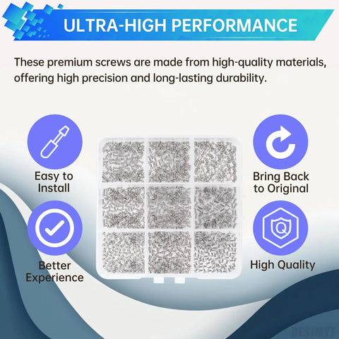 No Sweat White Screw Replacement Kit For Samsung Galaxy Phones organized in a clear container, showing assorted premium screws.