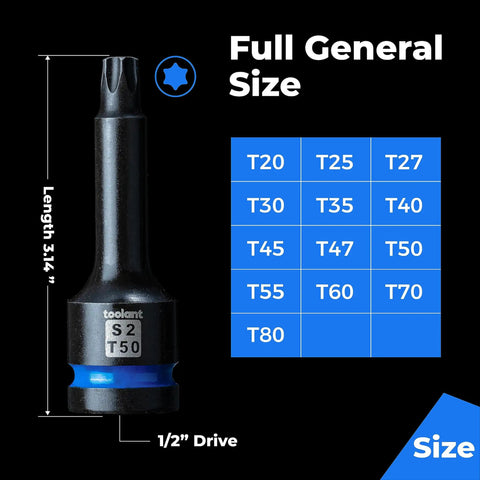 Top Shelf 1/2 Inch Drive T50 Torx Impact Socket size chart, 3.14" length, made from heavy-duty S2 alloy steel.