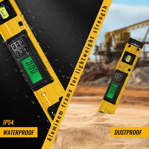 24 Inch Digital Level Featuring A Slick LCD Display And Kickass Magnetic Back That Delivers Dang Precise Angle Readings For Tough DIY Renovation Projects And Daily Trade Work, showing waterproof and dustproof features.