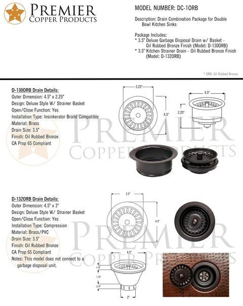 DC-1ORB Drain Combination Package for Double-Bowl Kitchen Sinks in Oil Rubbed Bronze, illustrated with product measurements.