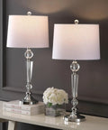 Clear Crystal Table Lamp Set Of 2, 29 And A Half Inch Tall Modern Glam Candlestick Lamps With Chrome Bases And White Linen Drum Shades