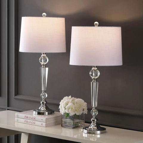 Clear Crystal Table Lamp Set Of 2, 29 And A Half Inch Tall Modern Glam Candlestick Lamps With Chrome Bases And White Linen Drum Shades