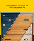 Premium Oil Based Wood Stain For Home Projects Delivers Hella Rich Even Color On Furniture Cabinets And Doors Quick Drying Natural Finish With Top Shelf One Coat Coverage showcasing 36 color options on a dresser.