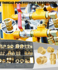 90 Piece Brass NPT Pipe Fittings Kit with hex couplings and bushings shown in storage box for DIY home plumbing fixes.