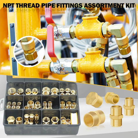 90 Piece Brass NPT Pipe Fittings Kit with hex couplings and bushings shown in storage box for DIY home plumbing fixes.