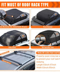 20 Cubic Feet Rooftop Cargo Bag With 51 Long By 39 Wide By 17 High Dimensions, Waterproof Car Roof Carrier For Cars With Or Without Rack, Includes 6 Tie Down Straps And 6 Door Hooks, Foldable Top Carrier For Road Trips And Camping fitted on various roof types
