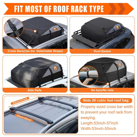 20 Cubic Feet Rooftop Cargo Bag With 51 Long By 39 Wide By 17 High Dimensions, Waterproof Car Roof Carrier For Cars With Or Without Rack, Includes 6 Tie Down Straps And 6 Door Hooks, Foldable Top Carrier For Road Trips And Camping fitted on various roof types
