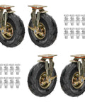Heavy Duty Pneumatic Caster Wheels Roll Easy On Concrete With Dependable Foot Brakes And Top Notch Shock Absorption For Workbenches Carts Heavy Loads And Material Dollies In Eight Or Ten Inch Builds set of four wheels with rubber tires and metal assembly.