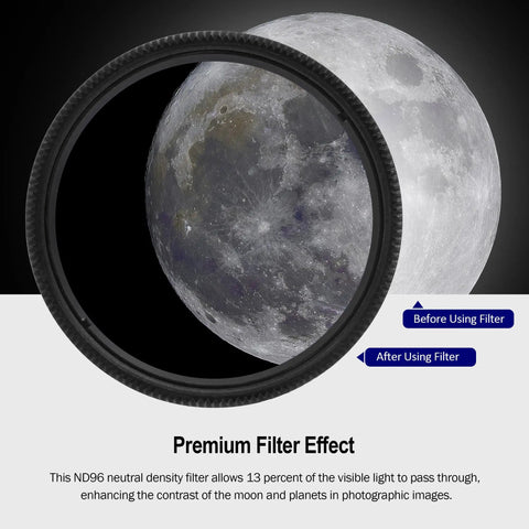 All In One 7 Piece 1.25 Inch Telescope Filter Kit includes Moon ND96 filter for enhanced lunar viewing effect comparison