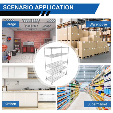 Beefy 5 Tier Wire Shelving Unit With Brake Wheels in kitchen, garage, warehouse, and supermarket settings