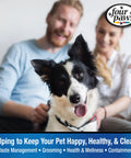 Happy dog with a couple in a living room, promoting pet care benefits by Four Paws.