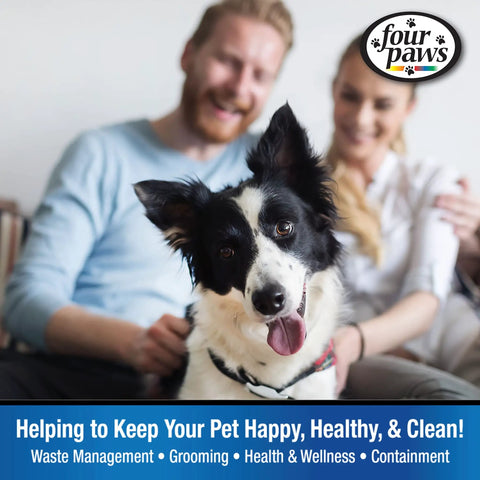 Happy dog with a couple in a living room, promoting pet care benefits by Four Paws.