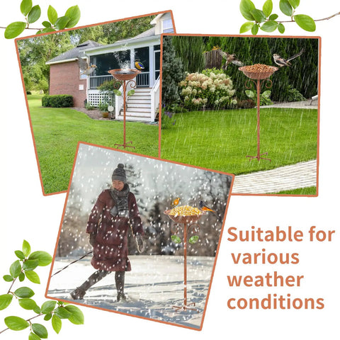 Vintage Copper Metal Bird Bath Stand For Outdoors, 42.1 Inch Tall Garden Bird Feeder With Five Prong Base Stake under different weather conditions