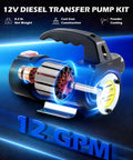 Close-up of Grab And Go 12V Diesel Transfer Pump Kit With Nozzle And Hoses detailing internal components, 12 GPM.