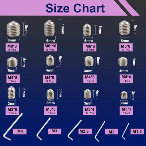 Size chart for Hella Durable Hex Socket Set Screw Assortment Kit With Allen Wrenches showing various screw sizes and corresponding hex key sizes.