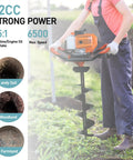 Gas Powered 62cc Post Hole Digger Kit With Auger Bits drilling in garden soil, showing auger attachment and operator in work gear