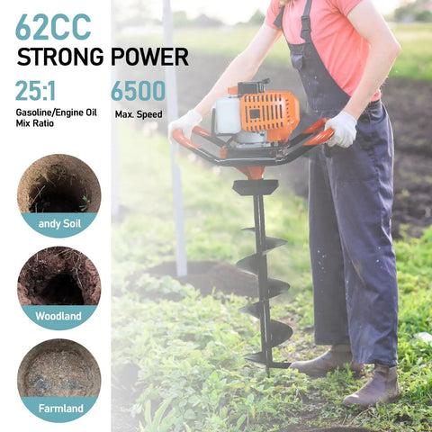 Gas Powered 62cc Post Hole Digger Kit With Auger Bits drilling in garden soil, showing auger attachment and operator in work gear