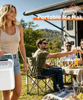 Woman carrying No-Hassle Portable Countertop Ice Maker With Scoop And Carry Handle, Fast Six Minute Freeze, Up To Twenty-Six Pounds Daily Output, Two Cube Sizes For Kitchens, Offices Or Chill Weekend Hangouts.
