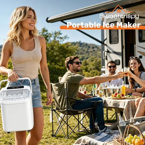 Woman carrying No-Hassle Portable Countertop Ice Maker With Scoop And Carry Handle, Fast Six Minute Freeze, Up To Twenty-Six Pounds Daily Output, Two Cube Sizes For Kitchens, Offices Or Chill Weekend Hangouts.
