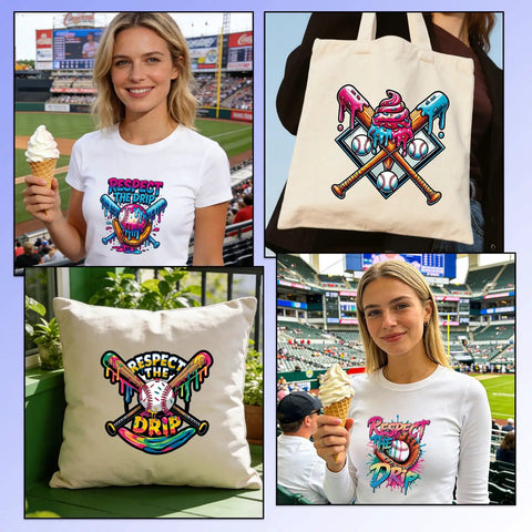 DTF Transfers Ready To Press 30 Sheets Ice Cream Drip Baseball Iron On Patches for T Shirts displayed on clothing and accessories