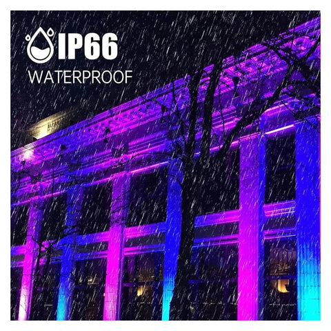 JUDYSSY 50W 100W 150W Led Uv Floodlight Ac220 displayed on a building, showcasing vibrant colors in rain, IP66 waterproof.