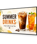 Heavy Duty 65 Inch Wall Mounted Digital Signage Display 4K Menu Board featuring summer drinks iced coffee and tea.
