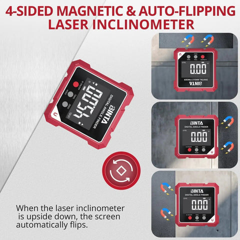 4-Side Magnetic Digital Angle Finder With Laser helping pros and DIYers nail tricky angles, showing screens flipping upside down.