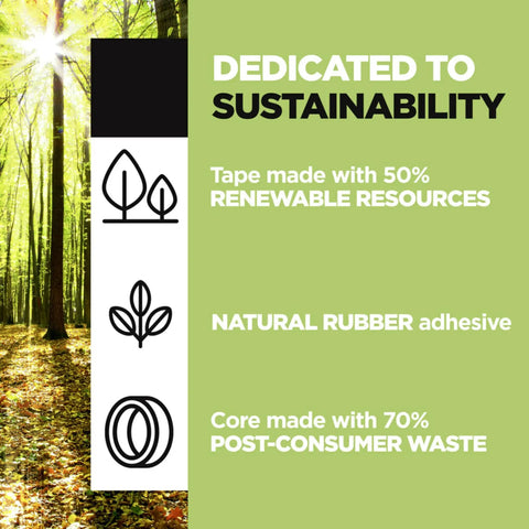 Sustainability features of Rugged Painter's Tape For Rough Surfaces 1 Inch By 60 Yard Green 4 Pack, eco-friendly materials highlighted.