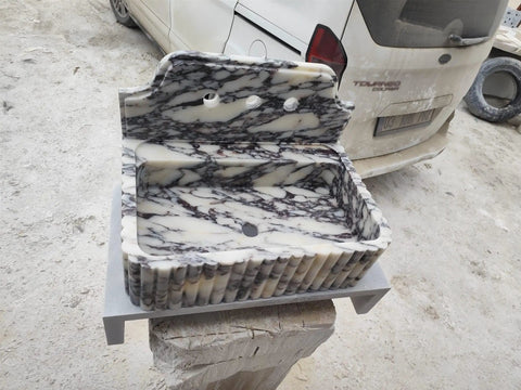 Straight Up Premium Calacatta Viola Marble Wall Mount Bathroom Sink in gray and white, 30x20x15 cm, modern design.