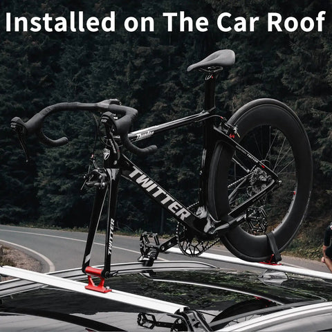 2023 Upgraded Quick Release Thru Axle Bicycle Fork Rack Block With Four Adapters installed on car roof holding bike