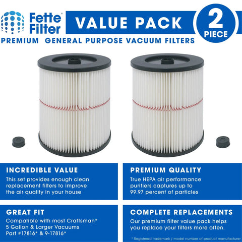 Two Pack General Purpose Replacement Cartridge Filter For Shop Vacs And Craftsman Red Stripe Vacuums shown in packaging