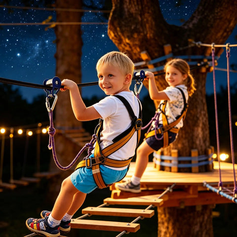 Children using an Aluminum Zip Line Kit With Heavy Duty Pulleys And Quick Setup Trolley Slider For Backyard Or Park at night.