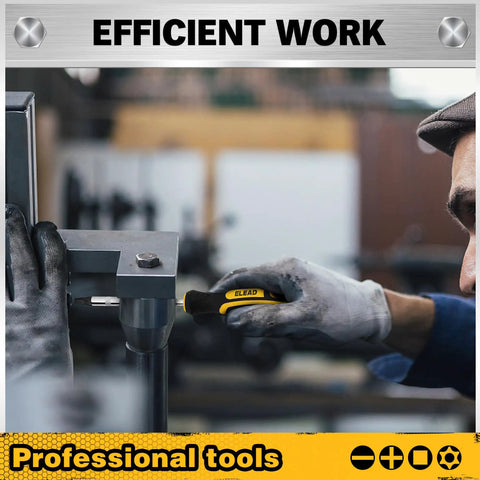Close-up of a worker using a screwdriver from the 26 Piece Tough As Nails Magnetic Screwdriver Bit Set Cr V Steel T5 T40 Security Torx Square Phillips Slotted Bits.