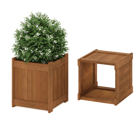 Two Pack Teak Oil Finished Meranti Wood Flower Planter Boxes For Outdoor Gardens Patios And Backyards 15.4 x 17.7 x 15.4 Inches Water Resistant Durable With Easy Assembly And Hardware Included