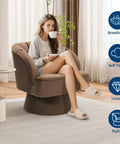 Woman sitting on Cozy 360 Degree Swivel Barrel Accent Chair with Armrests Brown Modern Curved Back for Living Room