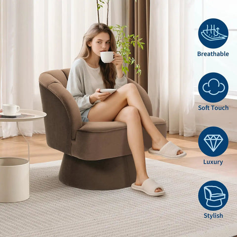 Woman sitting on Cozy 360 Degree Swivel Barrel Accent Chair with Armrests Brown Modern Curved Back for Living Room