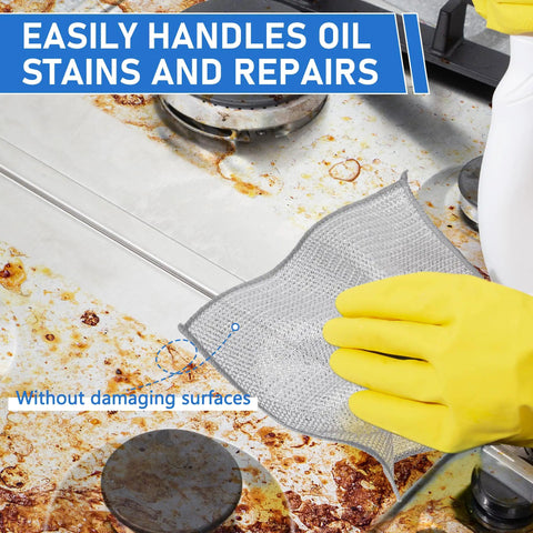 Heavy Duty Non Scratch Steel Wool Dishcloths And Scrubber Pads Kitchen Cleaning Set wiping oil stains off stove surface.