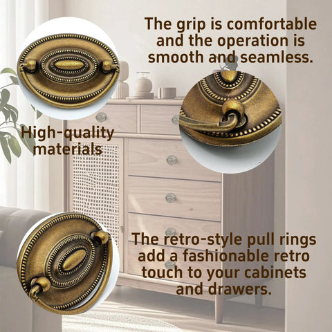 Close-up of 4 Pack Antique Brass Ring Pulls For Cabinets And Furniture on a dresser, showcasing vintage detail and bronze hardware.