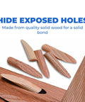 Front view of solid oak pocket-hole plugs; tapered wooden plugs scattered on white background (6 pieces)