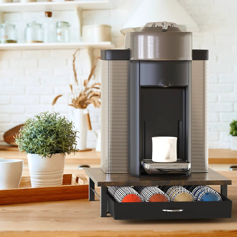 Vertuo Pod Drawer Organizer For Nespresso Capsules Sliding Coffee Pod Storage Cabinet Holds 24 Large Or 48 Small Vertuo Pods Rustic Brown Finish No Fuss Easy Access Keeps Your Kitchen Counter Clutter Free, with pods visible in drawer under coffee machine