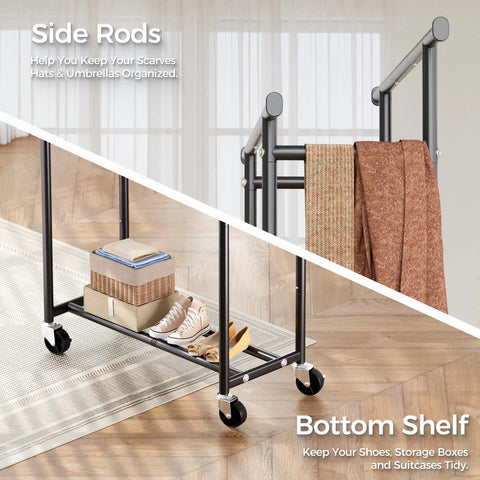 Heavy Duty Rolling Clothes Rack With Double Hanging Bars And Smooth Glide Casters Portable Black Garment Stand For Shirts Pants Jackets Roommate Approved Dorm Flex Setup