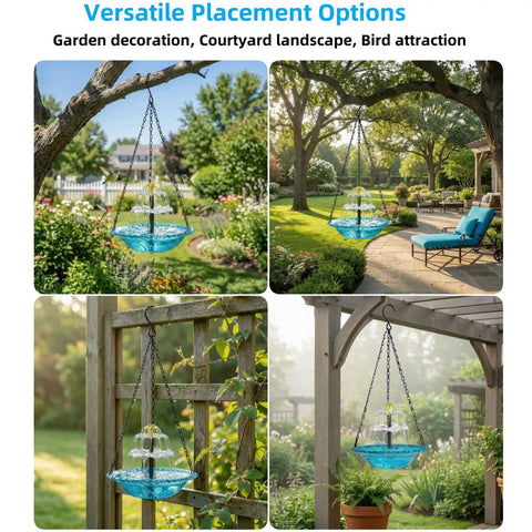 Powered Cascade Bird Bath Fountain Hanging Water Feature For Outdoors Garden Patio Backyard Blue Eco Friendly Decor No Batteries Needed Easy Setup Outdoor in garden setting