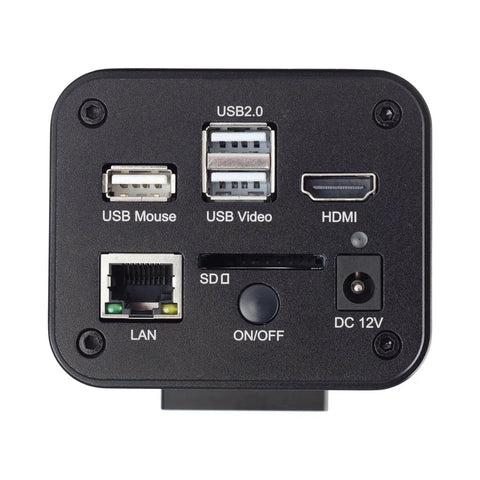Rear view of 4K 30fps 8MP Microscope Camera With BSI CMOS Sensor, HDMI, LAN And WiFi, showing ports and connections for lab work
