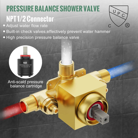 Detailed view of Metal Shower Faucet Complete Bathroom Wall Mounted System With 6 Inch Rainfall Shower Head Setup Rough In Valve Pressure Balancing Valve And Trim Kit In Brushed Gold showing pressure balance valve