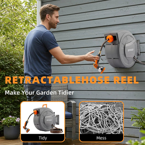 Man using Retractable Garden Hose Reel With Wall Mount Half Inch By One Hundred Foot Hose Lock Any Length Slow Auto Rewind