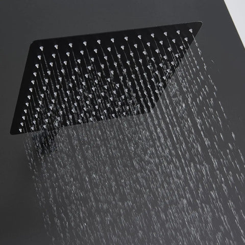 12 Inch Luxury Black Wall Mounted Shower System With Rain Mixer Complete Shower Faucet Set Rainfall Head Handheld Sprayer Easy Install Modern Bathroom Upgrade Matte Black Finish shower head close-up